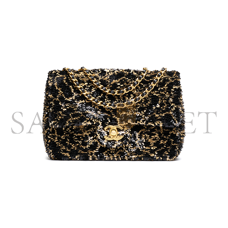 Ch*el flap bag sequins & gold-tone metal golden & black as4561 (21*14*8cm)